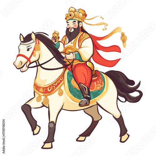 god of wealth on horseback, new year, asia, vector, transparent background, festival, god of wealth, horse, ride