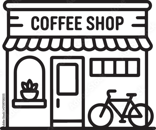 Modern Coffee Shop Icon Black Outline on Transparent Backdrop with Bicycle and Plant Details