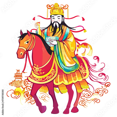 god of wealth on horseback, new year, asia, vector, transparent background, festival, god of wealth, horse, ride