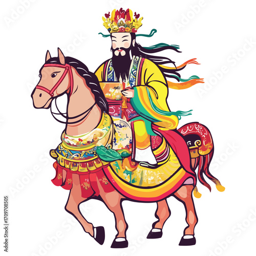 god of wealth on horseback, new year, asia, vector, transparent background, festival, god of wealth, horse, ride