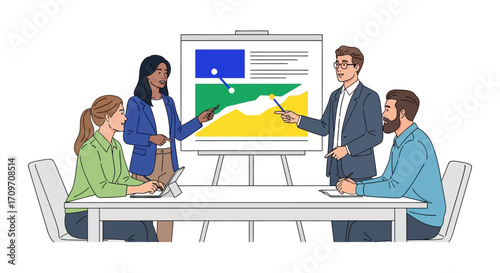 Business presentation team collaborating on a visual data report at a meeting reviewing project analytics perfect for corporate strategy content.