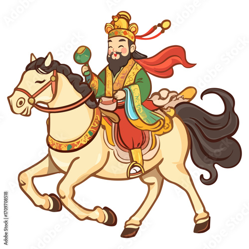 god of wealth on horseback, new year, asia, vector, transparent background, festival, god of wealth, horse, ride