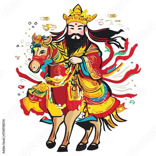 god of wealth on horseback, new year, asia, vector, transparent background, festival, god of wealth, horse, ride