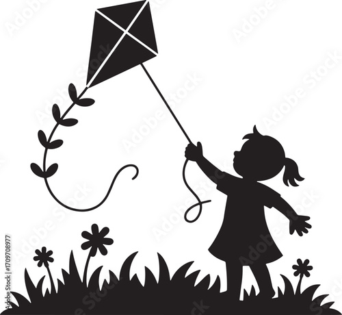 Silhouette of a Child Flying a Kite in a Field of Flowers on a Windy Day Illustration