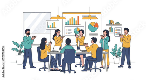 Business team applauding a successful presentation of charts and graphs in a modern office symbolizing teamwork and collaboration ideal for corporate marketing.