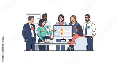 business team collaboration on a project reviewing data on a computer screen in the office for data analysis and improved teamwork