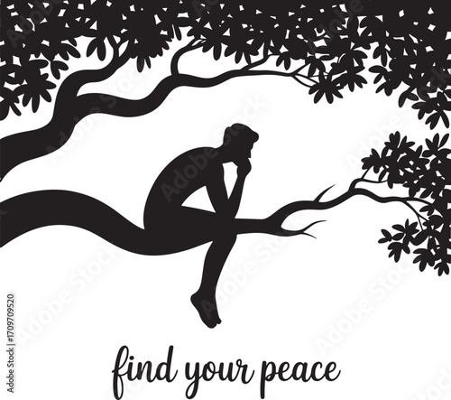 Silhouette of a Pensive Person Sitting on a Tree Branch with 'Find Your Peace' Text Vector