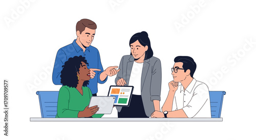 business team meeting diverse professionals collaborating on project with tablets in a modern office setting discussing strategy perfect for teamwork visuals