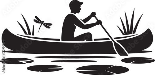 Silhouette of a Person Canoeing on a Lake with Reeds and Lily Pads in Black and White Vector Art
