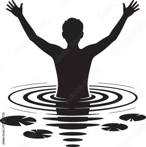 Silhouette of a Person Emerging from Water with Ripples and Lily Pads in a Serene Outdoor Setting