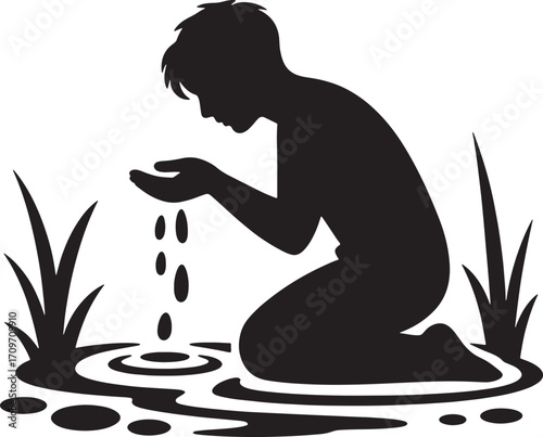 Silhouette of a Person Kneeling by Water with Ripples and Grass in a Serene Outdoor Scene