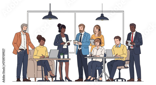 diverse business team collaborating in open office strategizing and brainstorming ideas fostering teamwork and innovation suitable for corporate communications