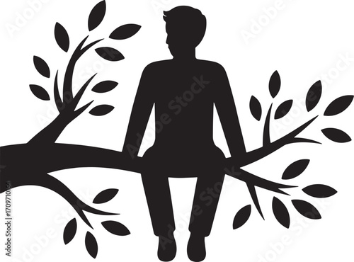 Silhouette of a Person Sitting on a Tree Branch in Black and White Vector Art Illustration
