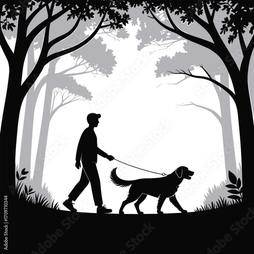 Silhouette of a Person Walking a Dog in a Forest Vector Illustration with Trees