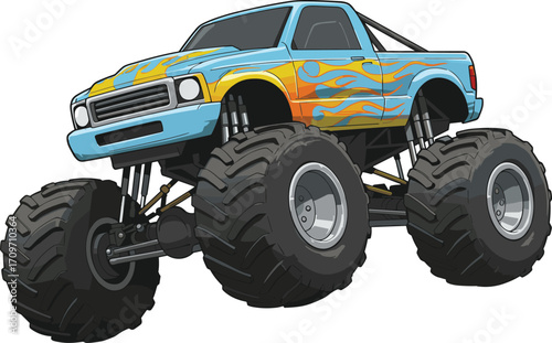 Monster truck illustration, blue body design, flame decals, oversized tires, off-road vehicle, extreme sports, automotive artwork, powerful suspension, rugged performance, motorsport