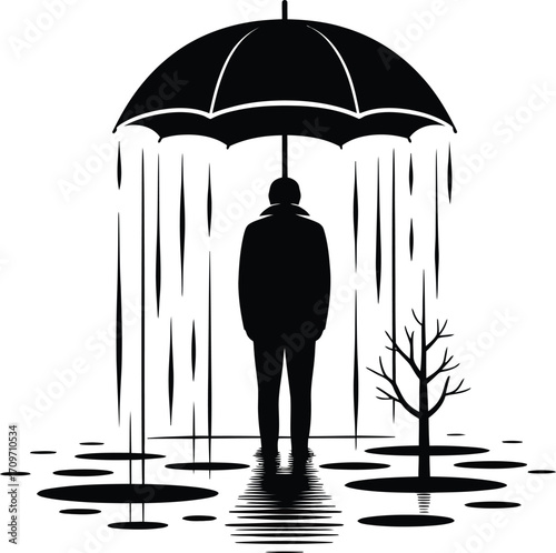 Silhouette of a Solitary Figure Standing Under an Umbrella in the Rain with a Bare Tree Nearby