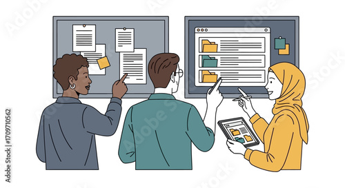 diverse team collaborating on project reviewing documents and digital files for teamwork highlighting innovation and productivity in a modern office