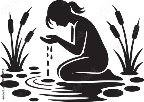 Silhouette of a Woman Kneeling by Water with Cattails in a Tranquil Natural Environment