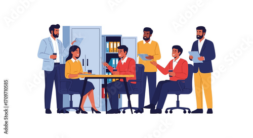 diverse team collaborating on project at office discussing business strategy for company growth and success fostering corporate teamwork and brainstorming