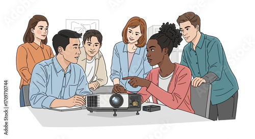 diverse team using projector for presentation collaborating on project in modern office showcasing teamwork and company growth for success