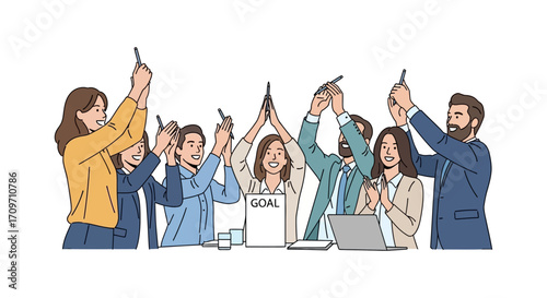 Happy business team celebrating success reaching goal in office illustrating teamwork collaboration and corporate achievement perfect for success-themed articles