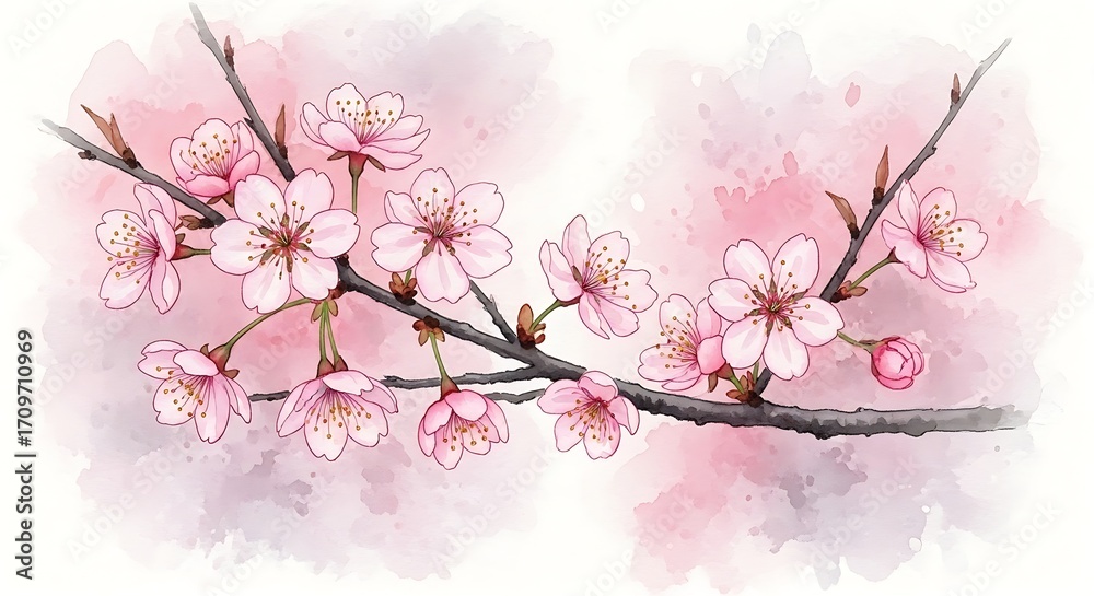 Fototapeta premium Delicate pink cherry blossoms on a branch watercolor painting