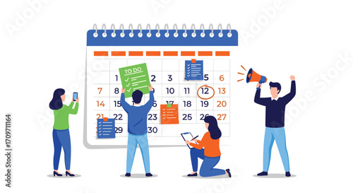 Small team collaboratively organizes a massive wall calendar with sticky notes and project details