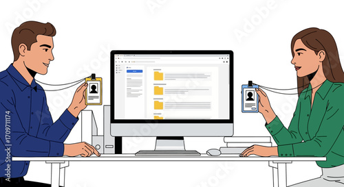 People collaborating on documents online sharing access in a digital workplace illustrating teamwork  secure file management for business purposes.