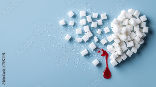 Heart made of white sugar cubes on light blue background with broken section scattering cubes and a red drop, symbolizing health risk and World Diabetes Day awareness concept