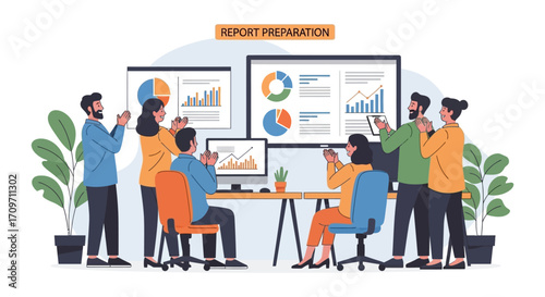 report preparation team celebrating project success reviewing data charts in office showcasing teamwork and achievement for business presentation use.