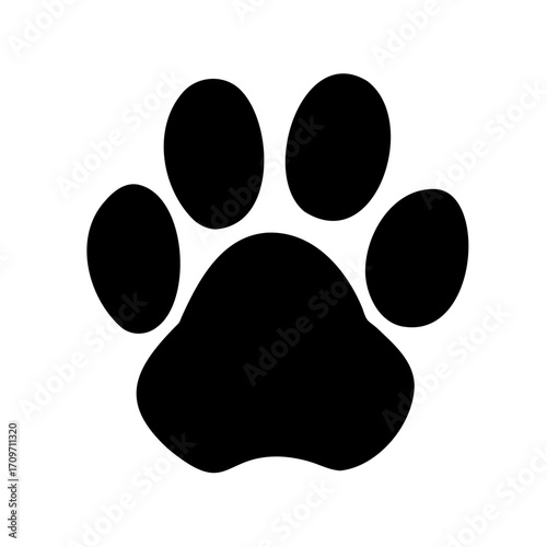 Simple black paw print of a dog or cat on white background