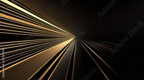Dynamic golden light beams converge in a sleek abstract dark background creating a sense of speed and modern elegance, Generative AI.
