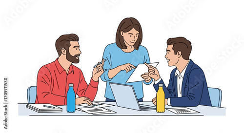team collaboration three colleagues work together on documents and a laptop in a modern office ideal for illustrating workplace synergy and teamwork.