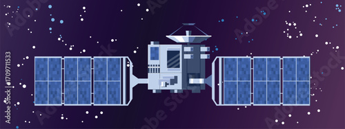 A satellite flying in space with solar panels and a communication antenna. Vector illustration of a spacecraft orbiting in a starry universe background.