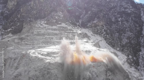 Caucasus, North Ossetia. Blasting operations in a dolomite quarry.