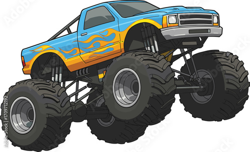 Monster truck illustration, colorful off road vehicle, extreme sports design, big wheels, flame decals, cartoon style, powerful suspension, action pose