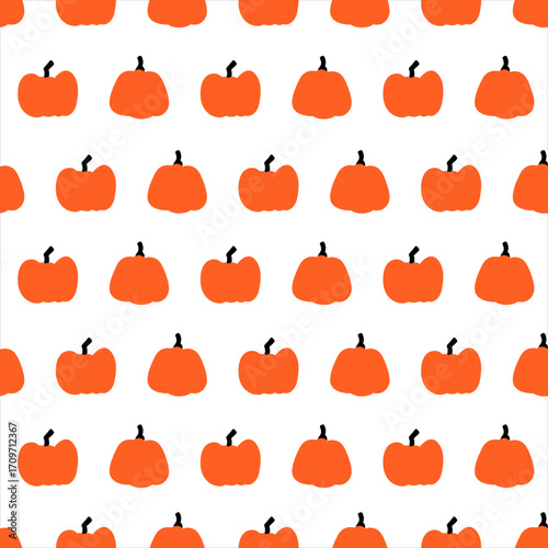 Simple seamless pumpkin pattern in an ordered grid layout. Hand drawn autumn background with rows of gourds for fall, harvest, or Halloween textile prints.