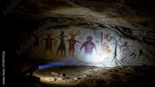 Flashlight illuminating ancient cave painting showing primitive drawing of human and animal figures on rock wall, primitive art footage.