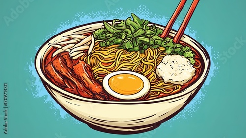 A vibrant bowl of ramen featuring noodles, egg, vegetables, and meat, served with chopsticks against a teal background.