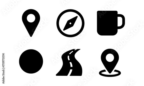 Minimalist travel and navigation icons set in black silhouette style
