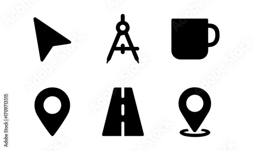 Set of minimalist travel and navigation icons in bold silhouette style