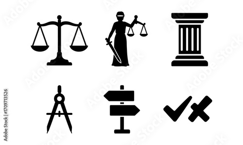 Legal and justice icons set featuring scales, lady justice, column, compass, direction signs, and check marks in silhouette style