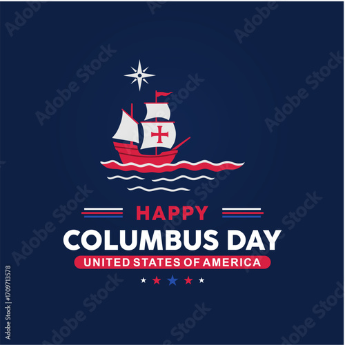 Happy Columbus Day background template, banners, card with Columbus ship, binoculars and map. On white background. America flag colours, celebrate Christopher Columbus discover America.
