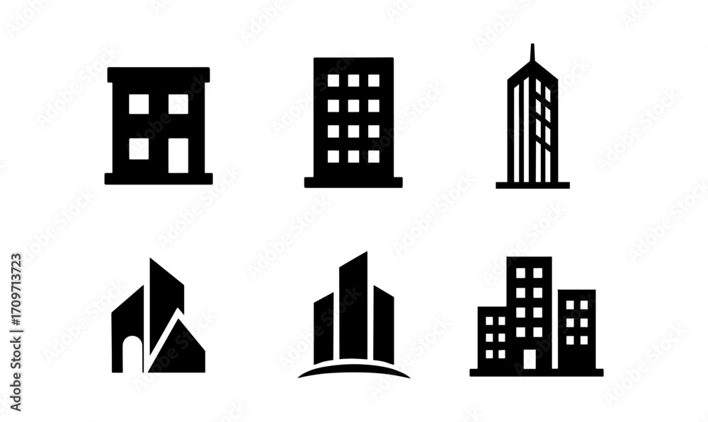 Obraz premium Minimalist black and white building icons set for modern design projects