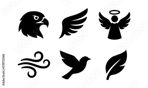 Set of black silhouette icons: angel, eagle, bird, wing, wind, leaf symbols
