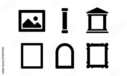 Minimalist black frame gallery icons set: art, museum, decor, styling