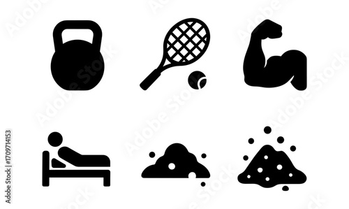 Fitness and sports silhouette icons set featuring kettlebell, tennis, and bodybuilding symbols