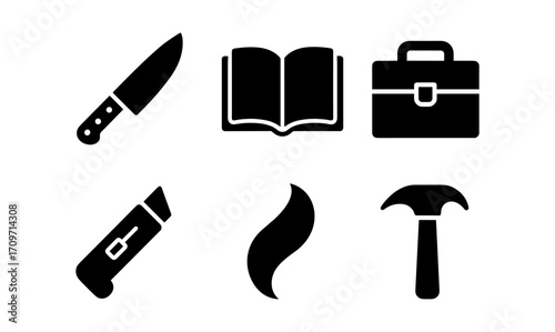 Minimalist black silhouette icons of everyday objects for versatile designs