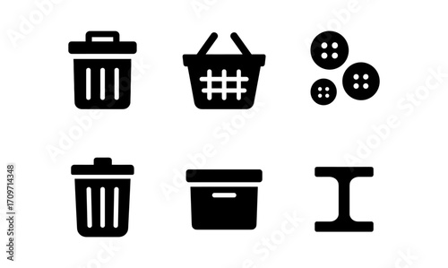 Minimalist icons set: bin, basket, buttons, and box symbols
