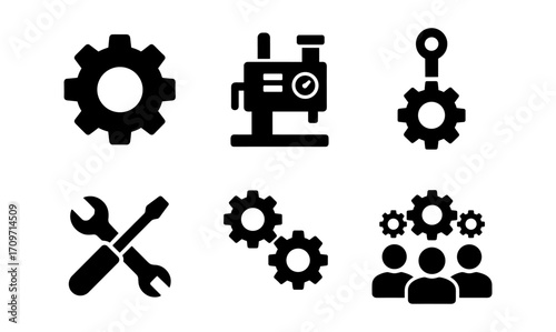 Industrial gear and tools icons in black silhouette style